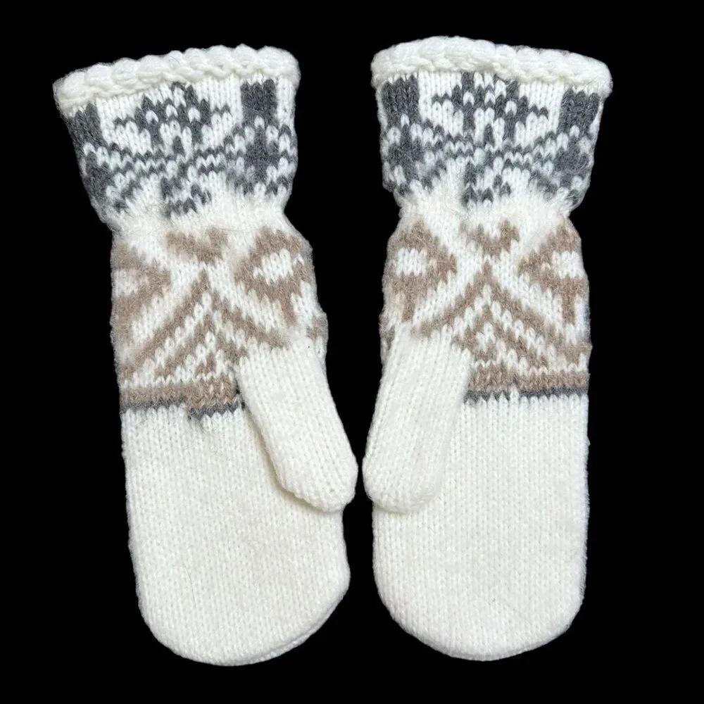 Fair Isle Pattern Cream white extended mittens size M/L